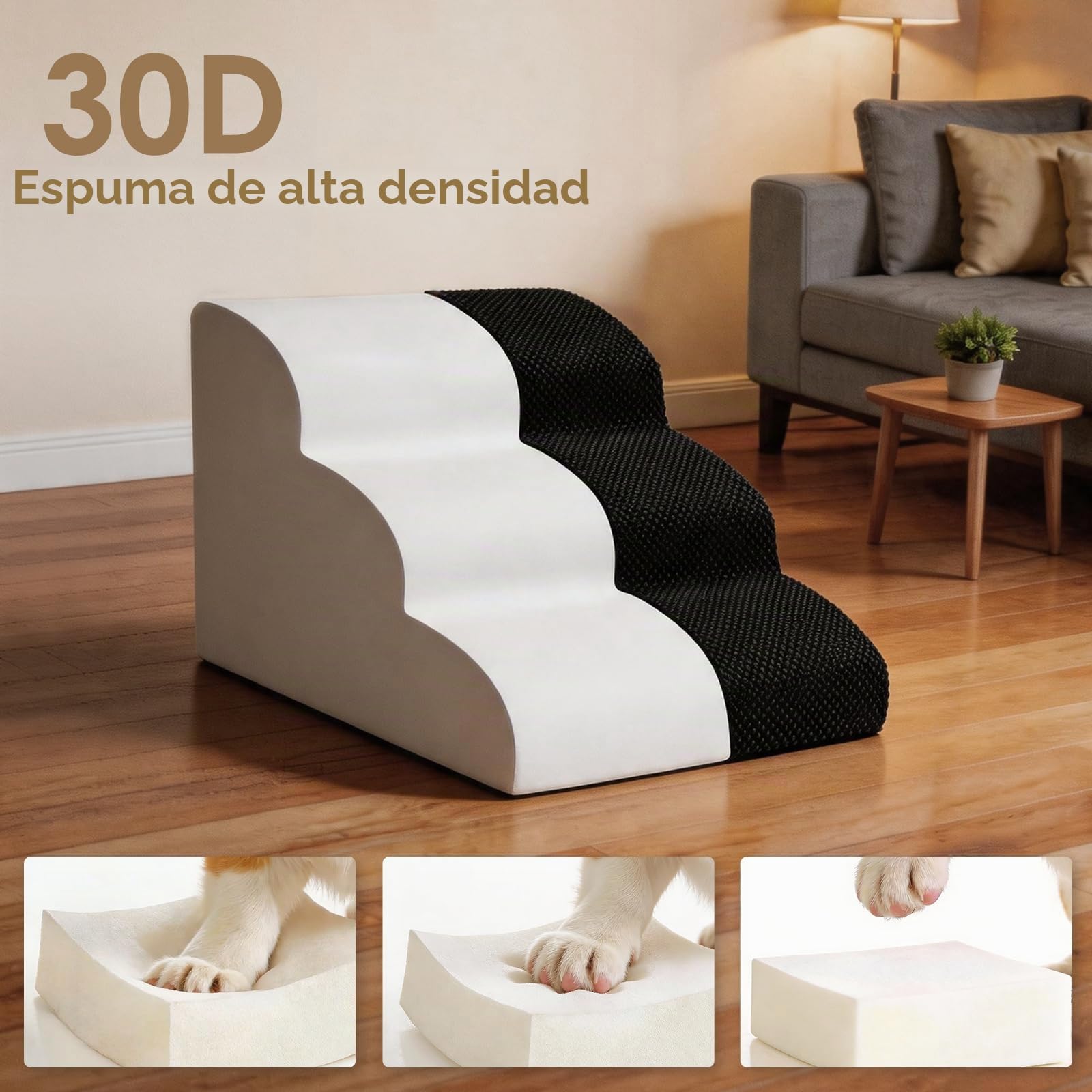 Escalera para Perros pequeños, Escalera para Mascotas, 3 peldaños, Esponja de Alta Densidad, 40 cm de Alto con Funda Impermeable, Antideslizante para sofá Cama, Color Negro