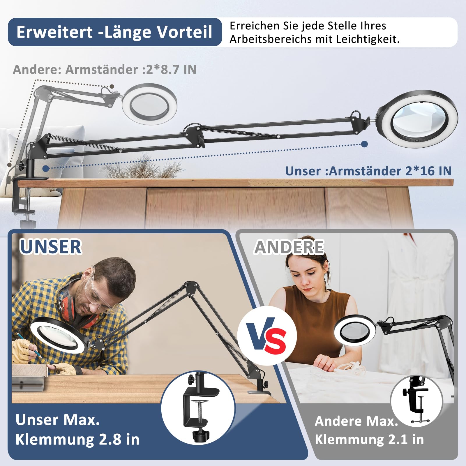 10 lupas con luz y abrazadera, 5 en cristal auténtico, lupa con manos libres, 5 modos de color regulable sin niveles, lámpara de escritorio LED para trabajos estrechos, manualidades, aficiones