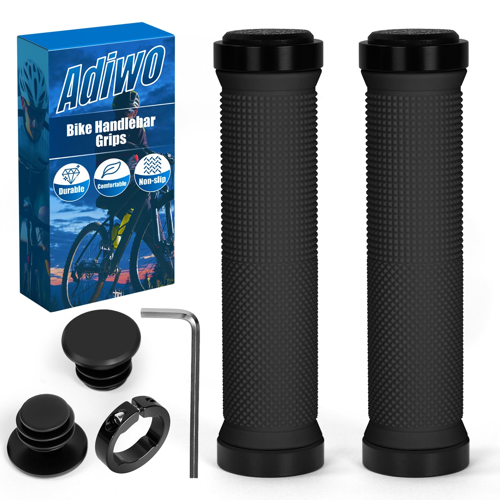 Adiwo Non-Slip Handlebar Grips, 1 Pair Professional Bike Handlebar Grips, Adult Mountain Bike Grips with Soft Anti-Slip Rubber, Ergonomic, Comes with 1 Allen Wrench, Suitable for Most Bicycles