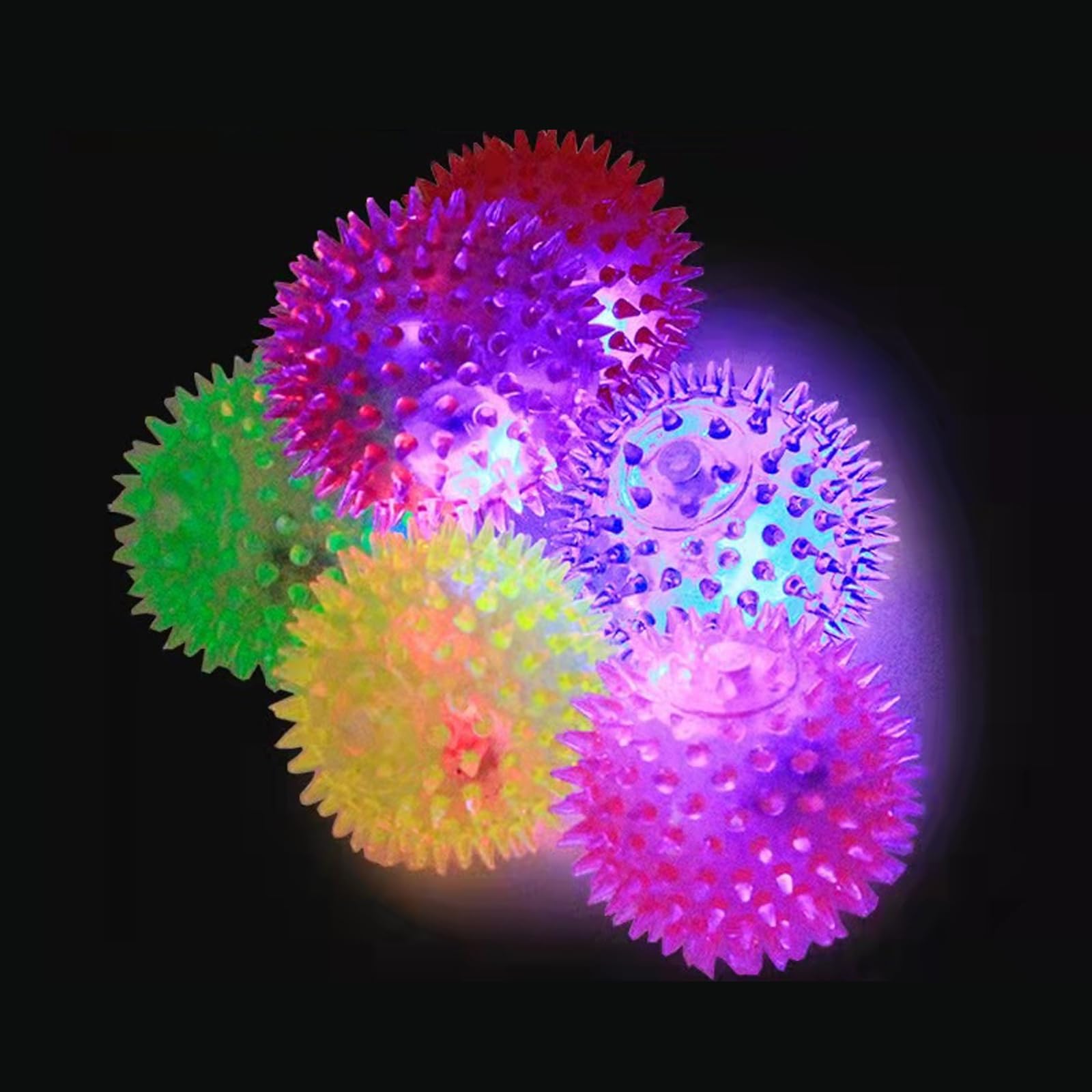 LED Flashing Bouncy Disco Balls With Light, Spiky Bounce Balls, 6 Spiky 6.5cm Squishy Spiky Balls for Massage, Autism & Pet Play