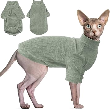 Idepet Sphynx Hairless Cats Sweater Shirt Kitten Soft Puppy Clothes Pullover Cute Cat Pajamas Jumpsuit Cotton Apparel Pet Winter Turtleneck for Cats and Teacup Chihuahua Small DogsGreen,XS