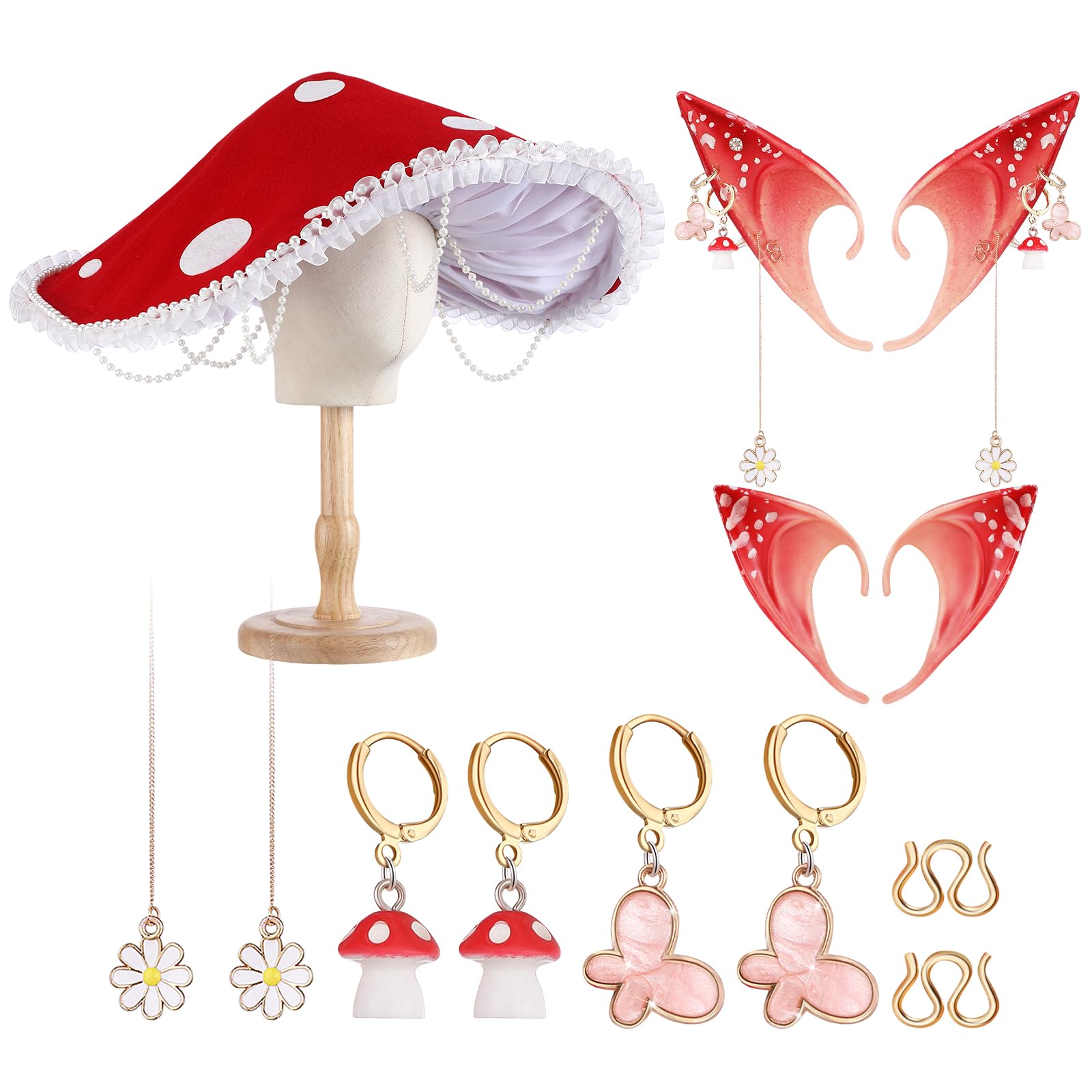 3 Pcs Renaissance Mushroom Accessories Set Medieval Mushroom Hat Elf Ears with Ear Clips Forest Fantasy Accessories