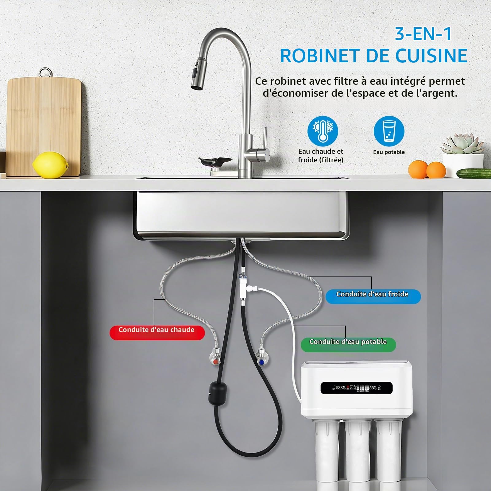 Robinet Cuisine 3‑en‑1 Filtre Lave-verres, Douchette Extractible Double jet | Mitigeur Cuisine avec Douchette,Mynaiad acier 304 Brossé, évier 3 voies, Rotation 360° Adapté Cuisine