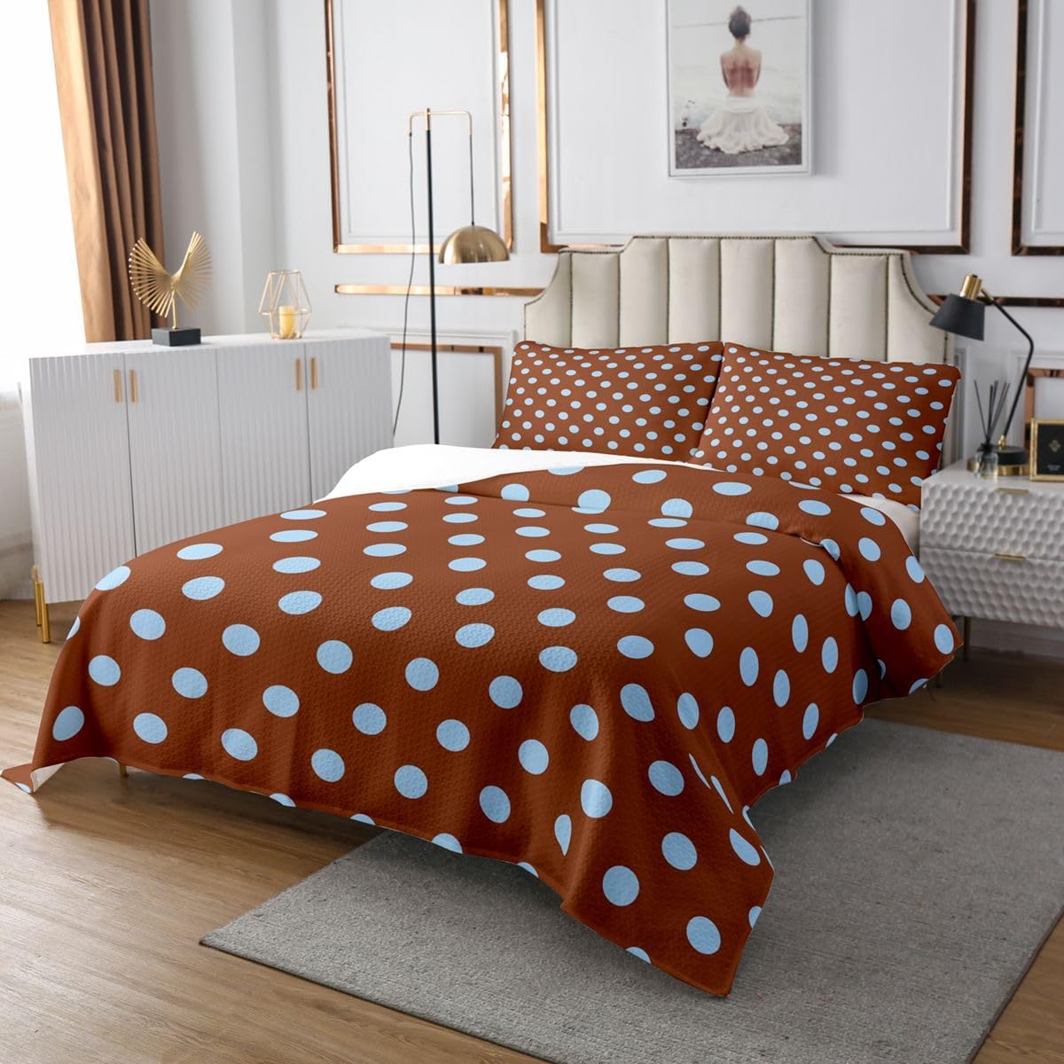 Castle Fairy Polka Dots Bedspread Twin Size,Brown Blue Bedding Sets 2Pcs for Kids Girls Boys Room Decor,Abstract Geometric Circles Comforter Set Modern Minimalist Style Quilt Coverlet,1 Pillowcase