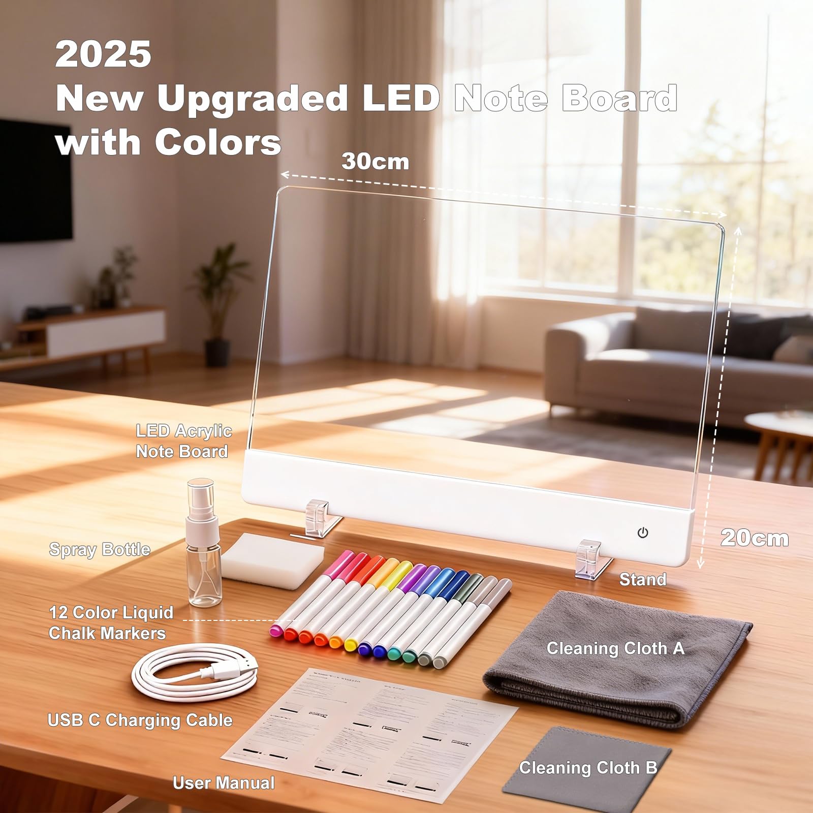 Tablero de dibujo LED recargable 12 colores pizarra acrílica transparente borrable 30 x 20 cm