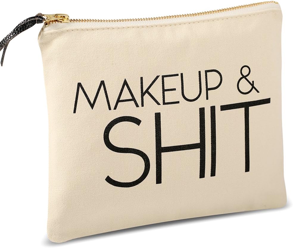 SHERWAY Funny Canvas Makeup Bag, Large Beige Cosmetic Bag (9.5 x 8 inch), Zipper Pouch Toiletry Travel Bag, Premium Canvas Makeup Bag for Birthday Gift, Wedding Party Gift