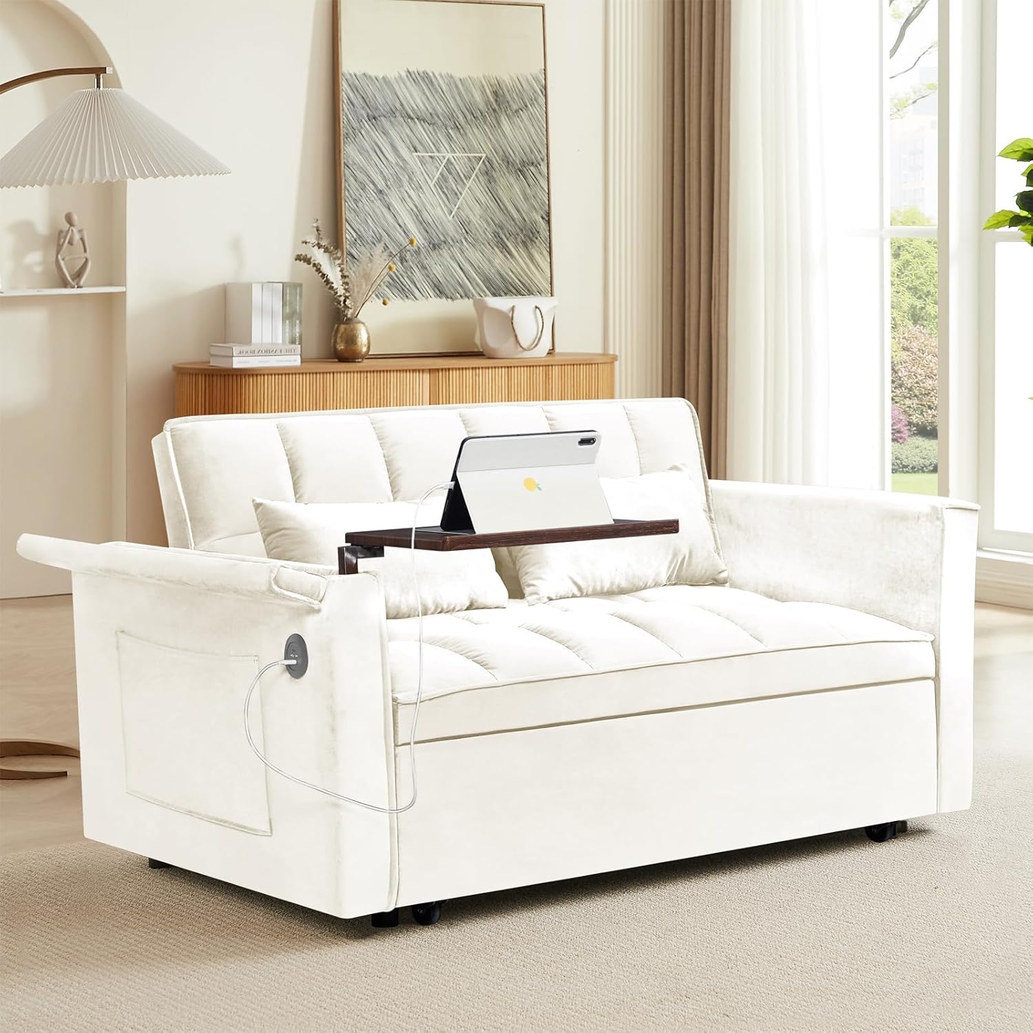 3 in 1 Sleeper Sofa Bed,Convertible Pull-Out Couch Bed,Futon Couches for Living Room with Side Pocket and Adjustable Backrest | USB Ports丨Sida Table丨Velvet Fabric | Small Loveseat Couch,Beige