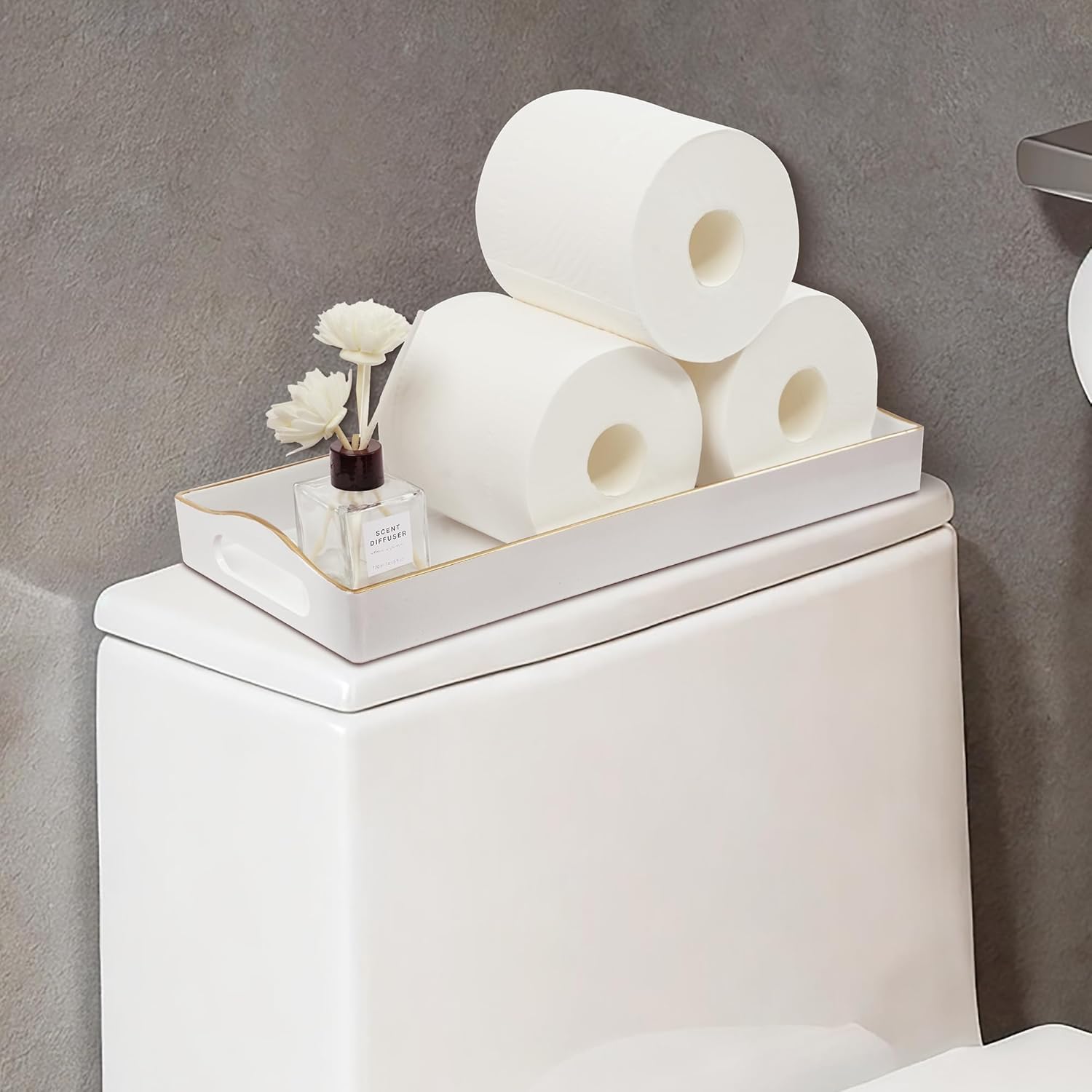 Gifturbo White Bathroom Vanity Tray,Gold Edged Decorative Tray with Handles, Small Rectangular Counter Tray for Perfume, Candle, Jewelry, Cosmetics - Image 7