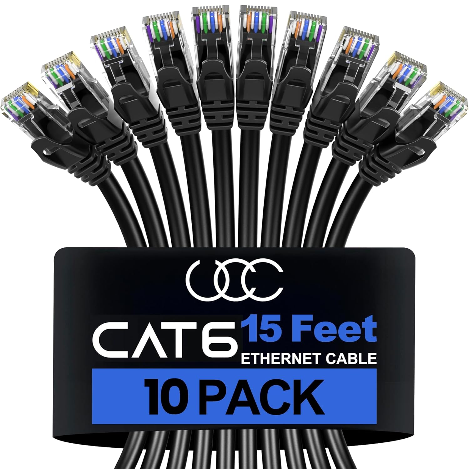 Ultra Clarity Cables Cat 6 Ethernet Cable 15 Feet (10 Pack), Cat6 Patch Cable, High Speed 10Gbps 500Mhz Ethernet Cable Network Cord, RJ45 LAN Internet Cable for Computer Modem Router PS4/5 -Black