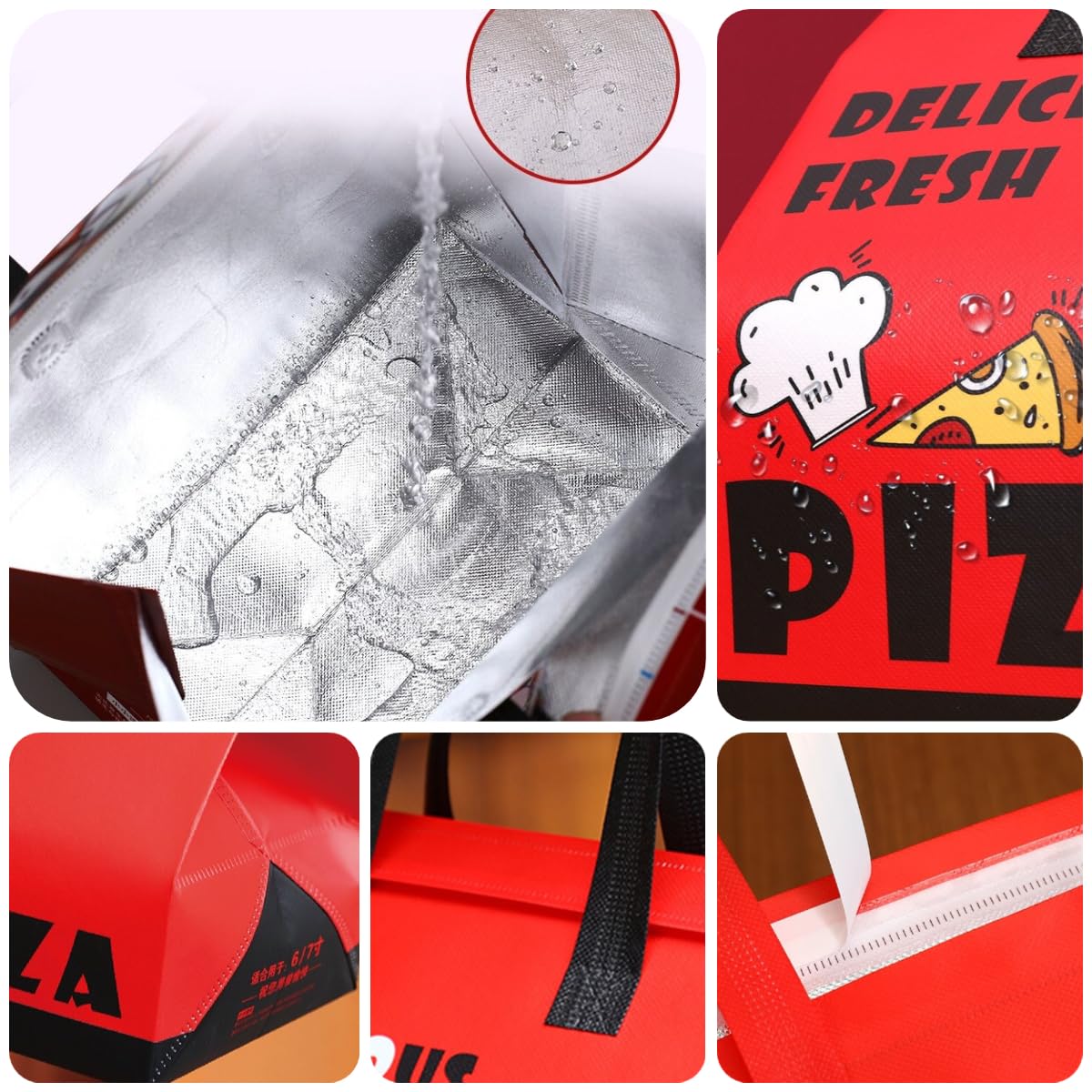 50 worków termicznych na pizzę 6-12 cali, wodoszczelne, olejoodporne, z włókniny i folii aluminiowej, wielokrotnego użytku, do pizzy, ciasta, napojów, grilla, a