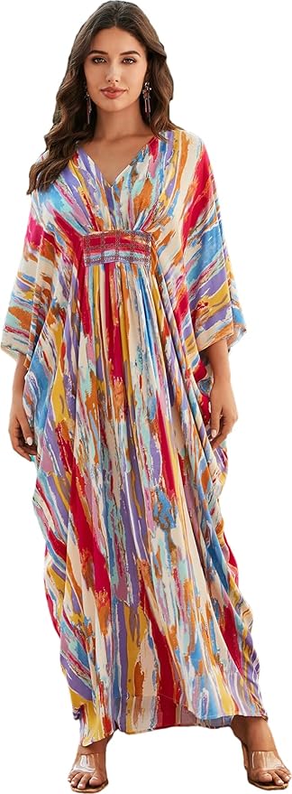 RanRui Women's V Neck Tie Dye Stripe Pleated Kaftans mrs Roper Outfit ...