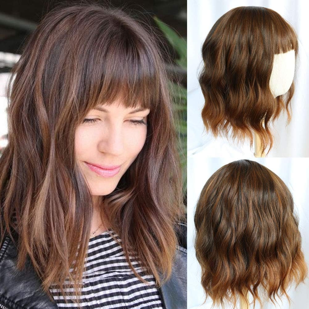 Short Wavy Bob Wigs With Bangs Shoulder Length Curly Female Synthetic Wigs Ombre Brown Wigs for Women Realistic Natural Look Wig
