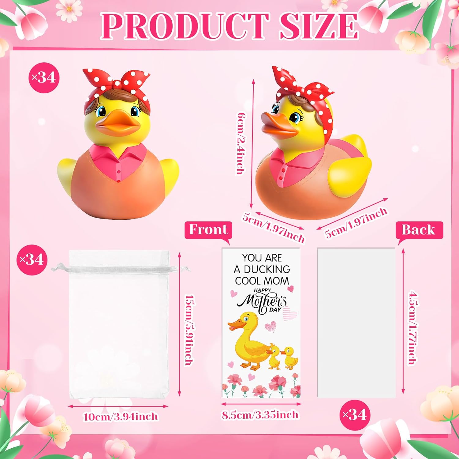 Sotiff 36 Sets Funny Gifts for Mothers Day Mom Themed Rubber Ducks with Thank You Cards Organza Bags Rubber Duckies Appreciation Gifts for Mom Women Friends Mothers Day Party Favors(Classic)
