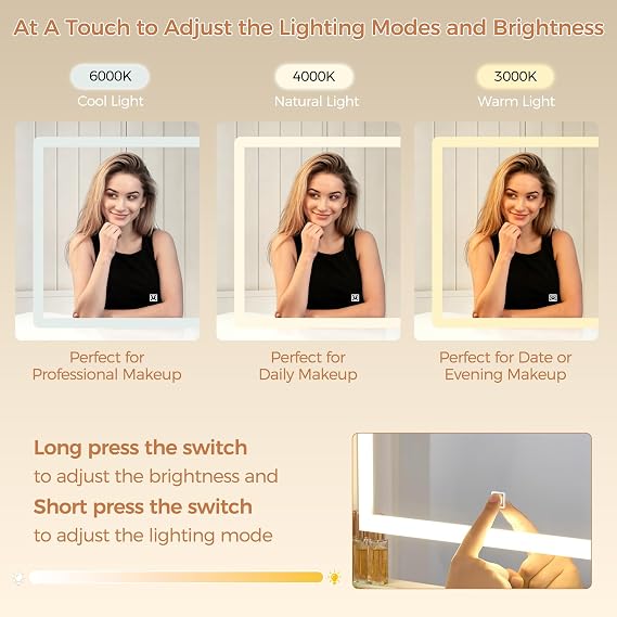 ANWBROAD Dressing Table with Stool Vanity Desk with Power Outlet, White | Vanity with Lighted Mirror 7 Drawers 3 Colors Lighting Adjustable Brightness Modern Vanity Table for Women Bedroom YBDT90W