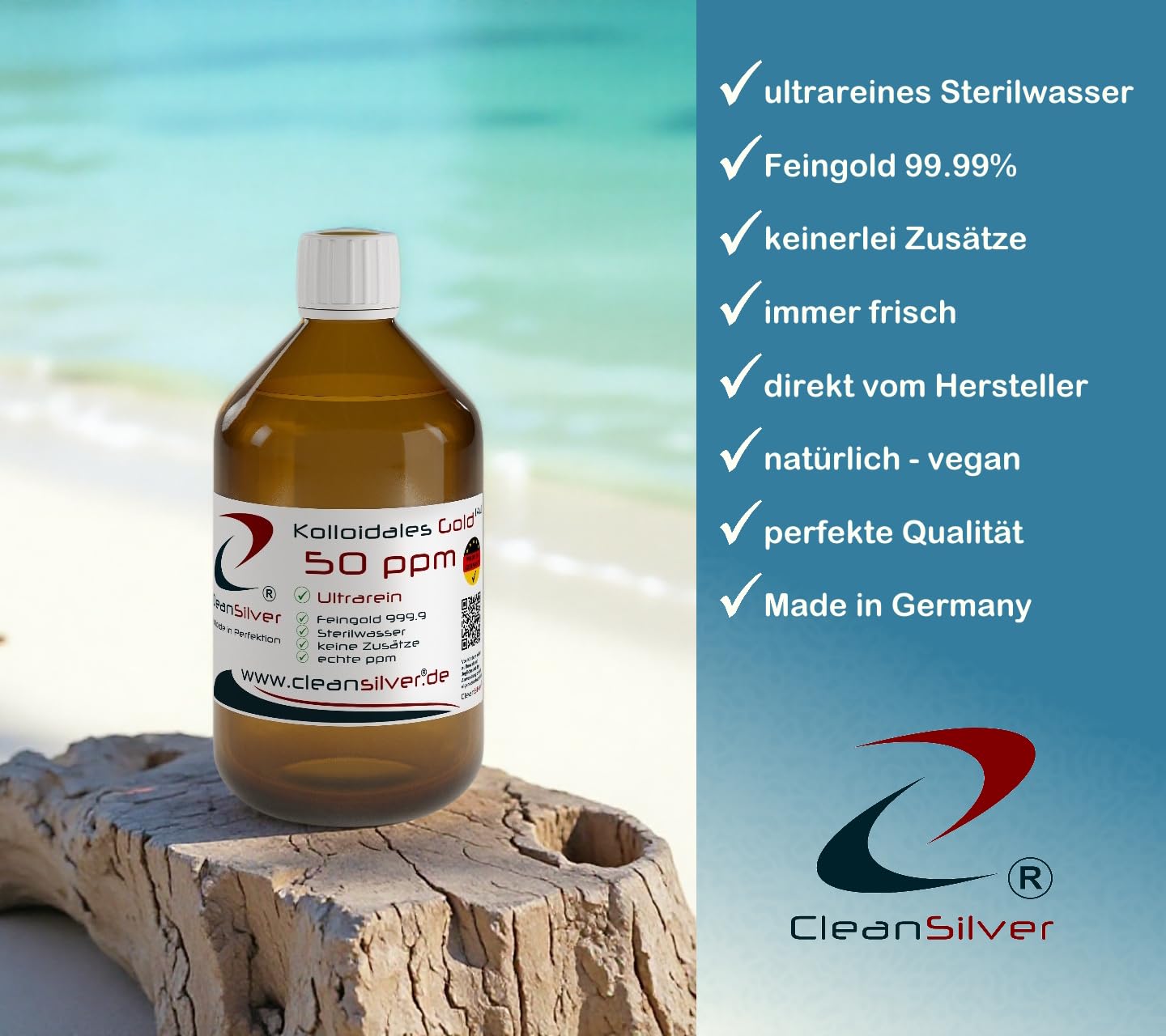 CleanSilver - Kolloidales Gold 50 ppm - 500ml - Ultrarein: Sterilwasser und Feingold 99,99% - Made in Germany - stets frisch nach Bestelleingang, keine Lagerware