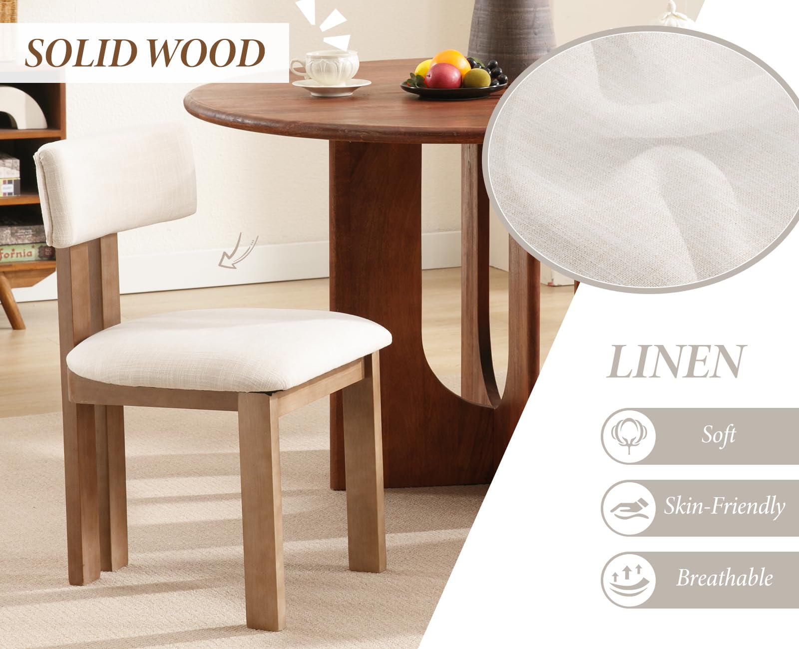 chairus 2PCS Sillas de Comedor de Lino con Patas de Madera, Biege | Asiento y Respaldo Tapizadas de Lino, Respaldo Curvo, Sin Brazos