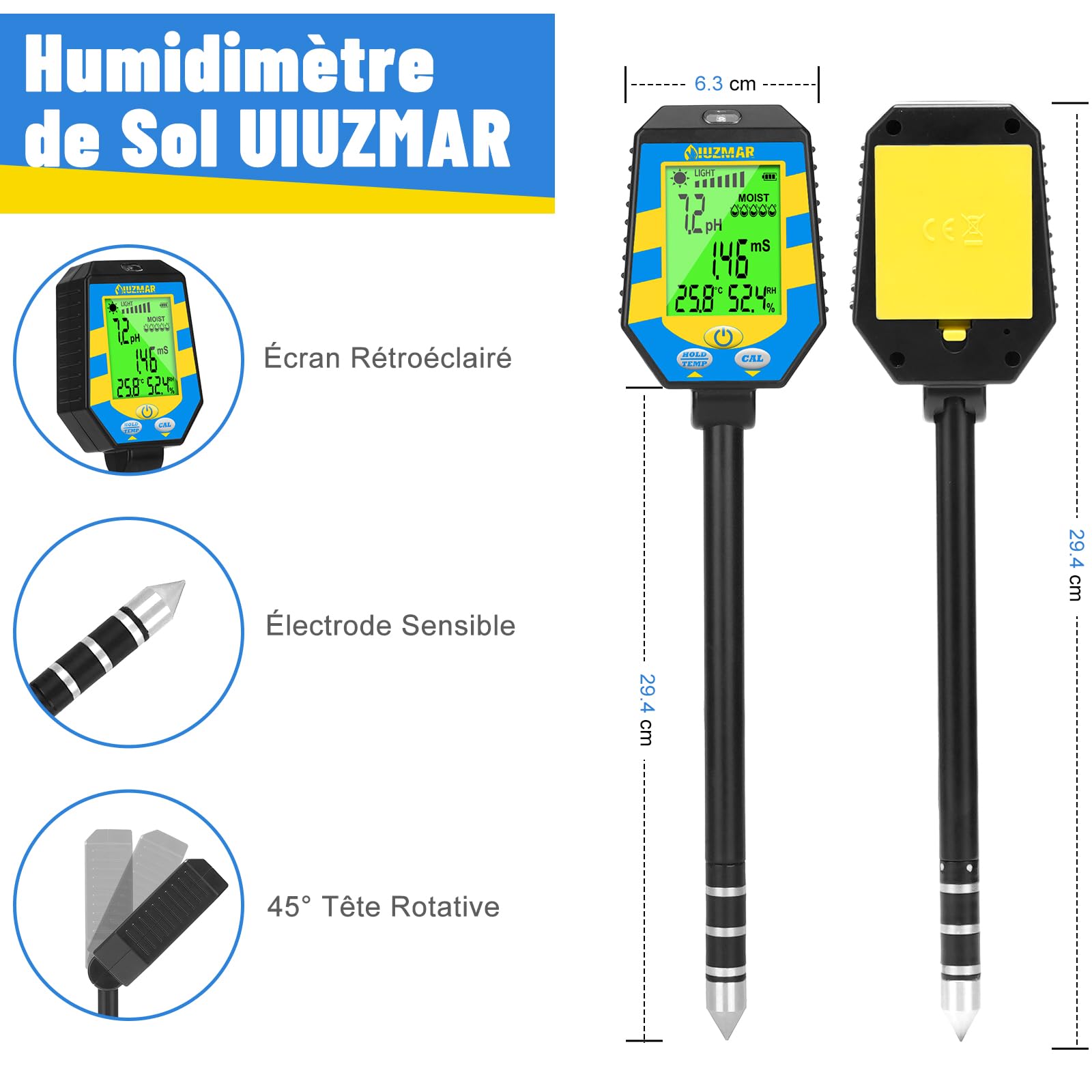 UIUZMAR Kit de Test de Sol, pH Mètre pour Sol 6-en-1 | Moniteur de pH/Humidité/EC/Lumière/Humidité de L'air/Température Testeur pH EC du Sol pour Jardin Serre Hydroponique