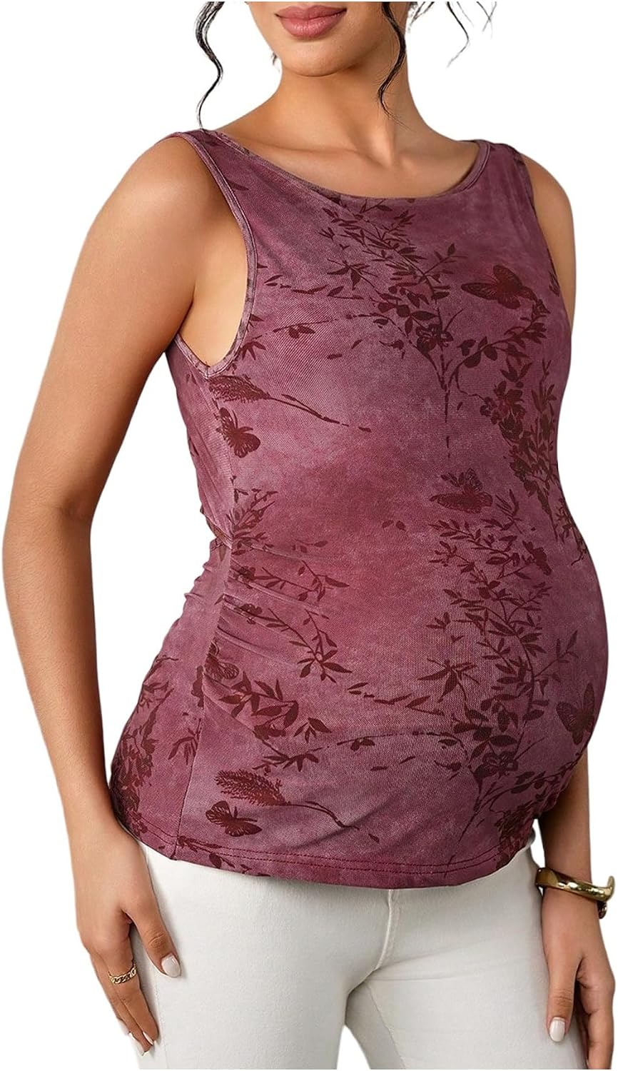 OYOANGLE Women's Maternity Floral Tank Tops Summer Bow Tie Back Sleeveless Pregnancy Tops