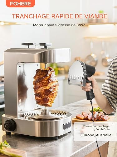 FOHERE Electric Kebab Slicer, 80W Shawarma Slicer with 2 Blades, 0-8mm Thickness Adjustable Blade Machine, for Turkish Kebab and Lamb, Restaurant, Snack-Bar - 2