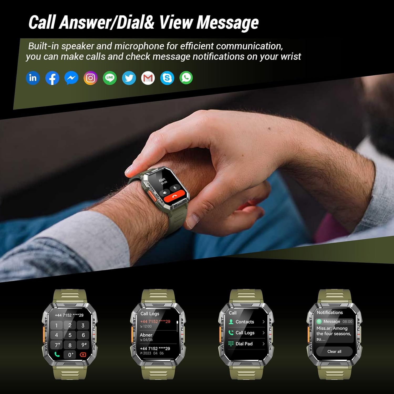 Military Smart Watch for Men (Answer/Make Calls), 2.01'' Smart Watch for Android and iPhone, Fitness Tracker with Flashlight/Compass/100 Days Battery/Heart Rate/Sleep/100+ Sport Modes(2 Straps) - Image 5