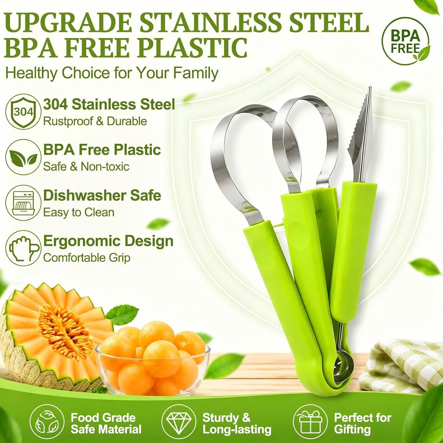 4-in-1 Melon Baller Scoop Set, Green