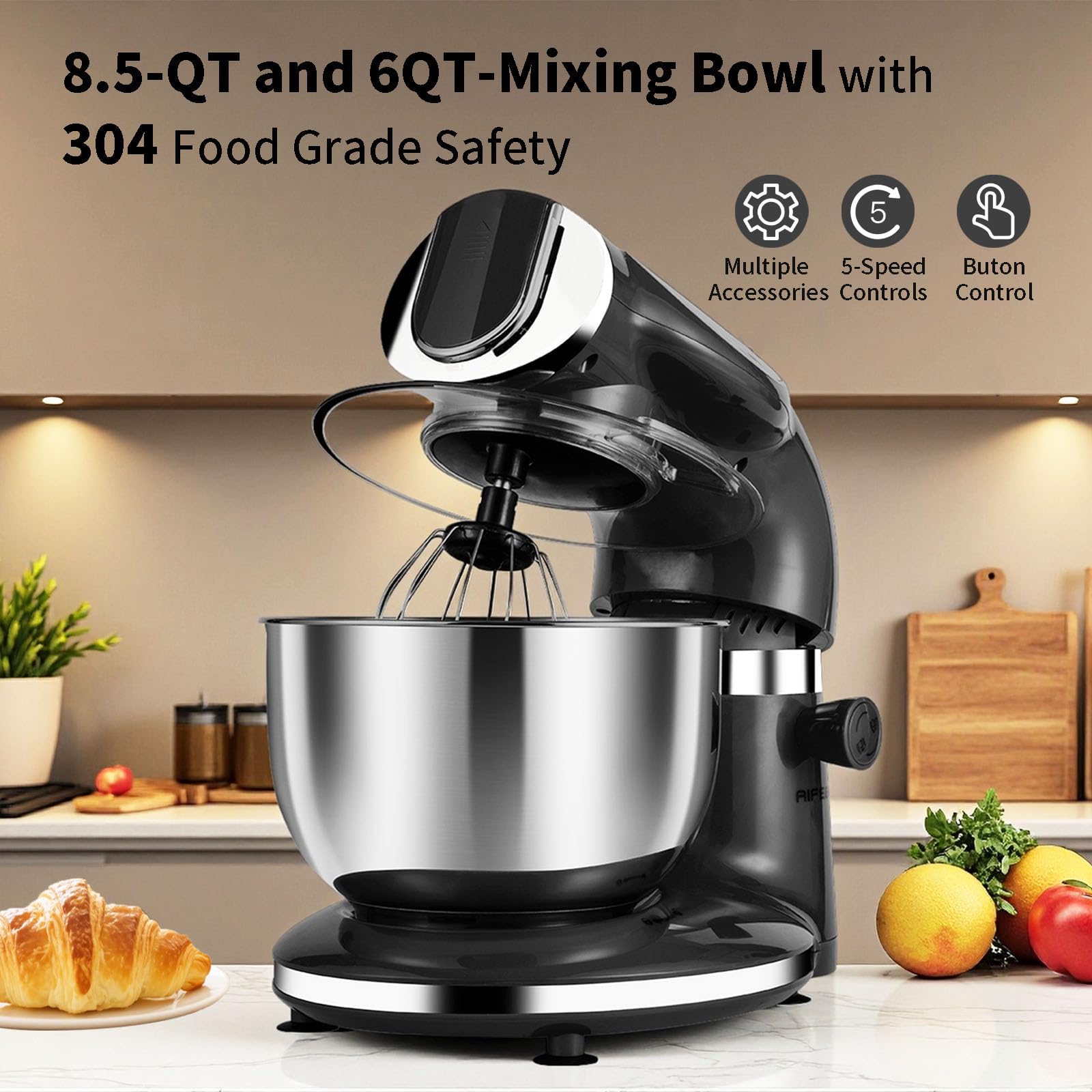 Batidora de pie, 8.5QT + 6QT, dos cuencos de acero inoxidable, mezclador eléctrico de alimentos, 7 en 1, mezclador de cocina multifuncional con gancho para masa, batidor, batidor, molinillo de 4