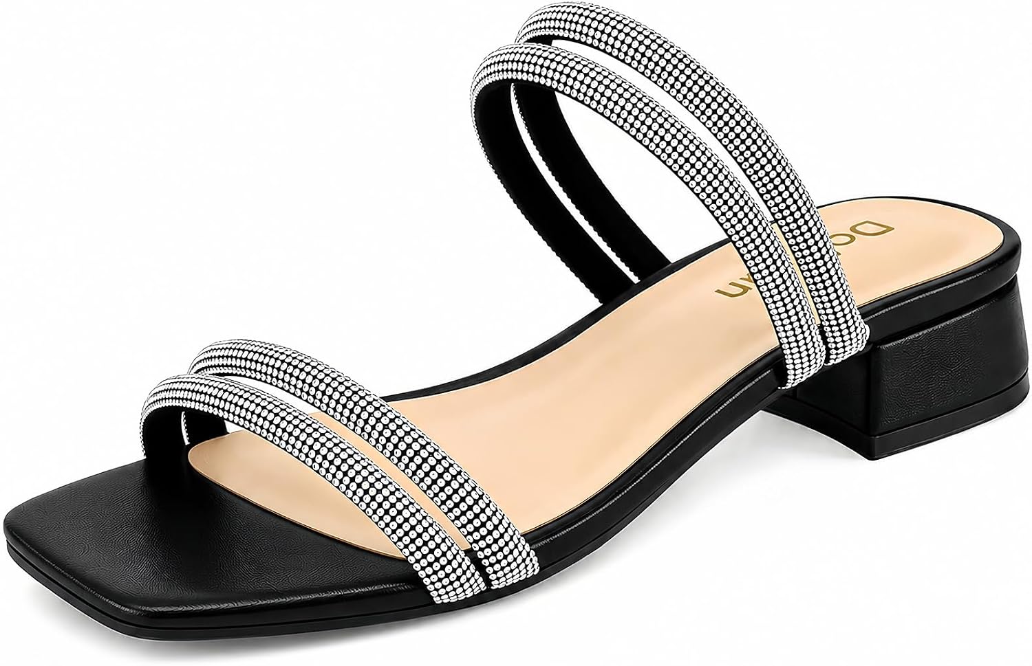 DOBOLIN Rhinestone Heels 1.3 Inch Strappy Square Open Toe Heeled Sandals Slip on Sparkly Low Block Chunky Heels for Women Dressy Shoes Comfortable