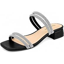 DOBOLIN Rhinestone Heels 1.3 Inch Strappy Square Open Toe Heeled Sandals Slip on Sparkly Low Block Chunky Heels for Women Dressy Shoes Comfortable