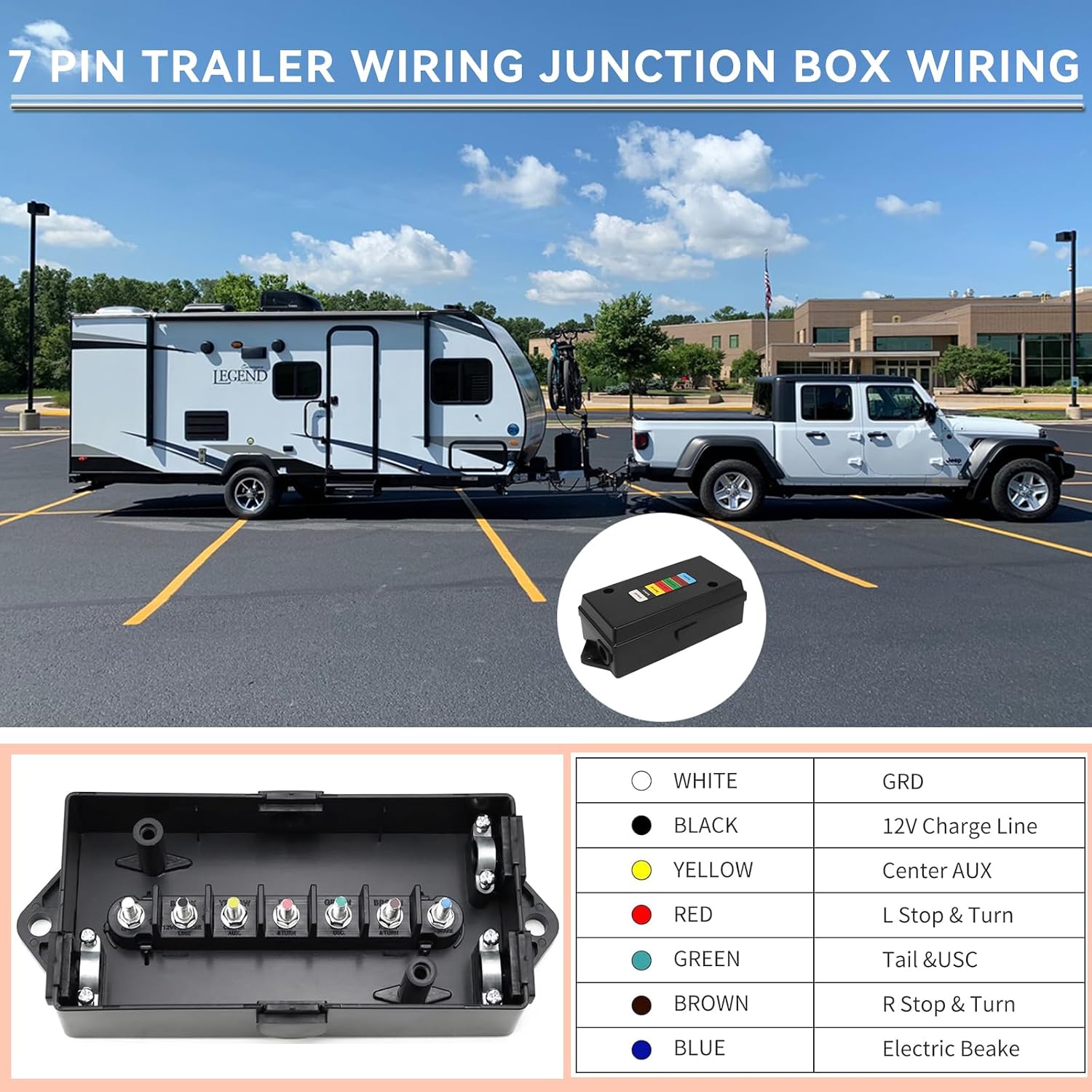 2 Set 7 Color Coded Electric 7 Pin Trailer Wiring Junction Box - 7 Way Trailer Junction Box 7 Pole Waterproof for Camper RV Wiring - Black