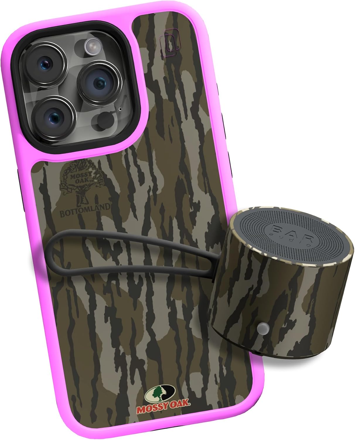 cellhelmet Ultimate Mossy Oak iPhone 15 Pro Case Mini Speaker Bundle in Bottomland Camo