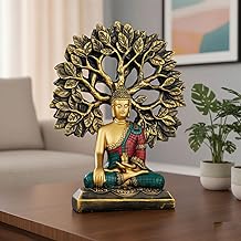 Meditating Buddha Statue Under Bodhi Tree for Home Decor - Golden Gautama Buddha Figurine for Living Room, Office & Vastu (Golden, Red, Blue)