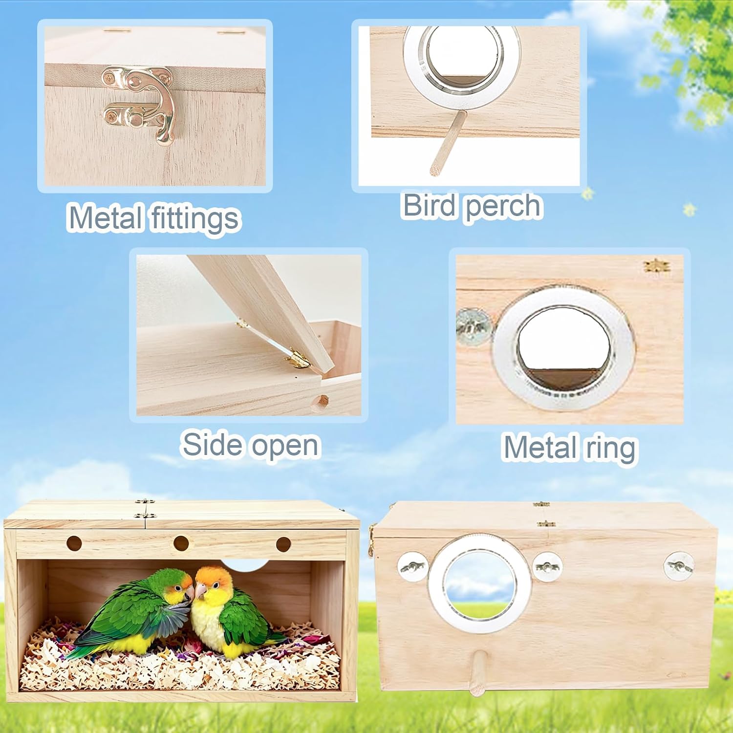 Tfwadmx Parakeet Nesting Box, Transparent Bird Nest Breeding Box, Wood Parrot Nest Box with Perch Bird Cage House for Cockatiel Lovebirds Budagie Canary Finch(L)