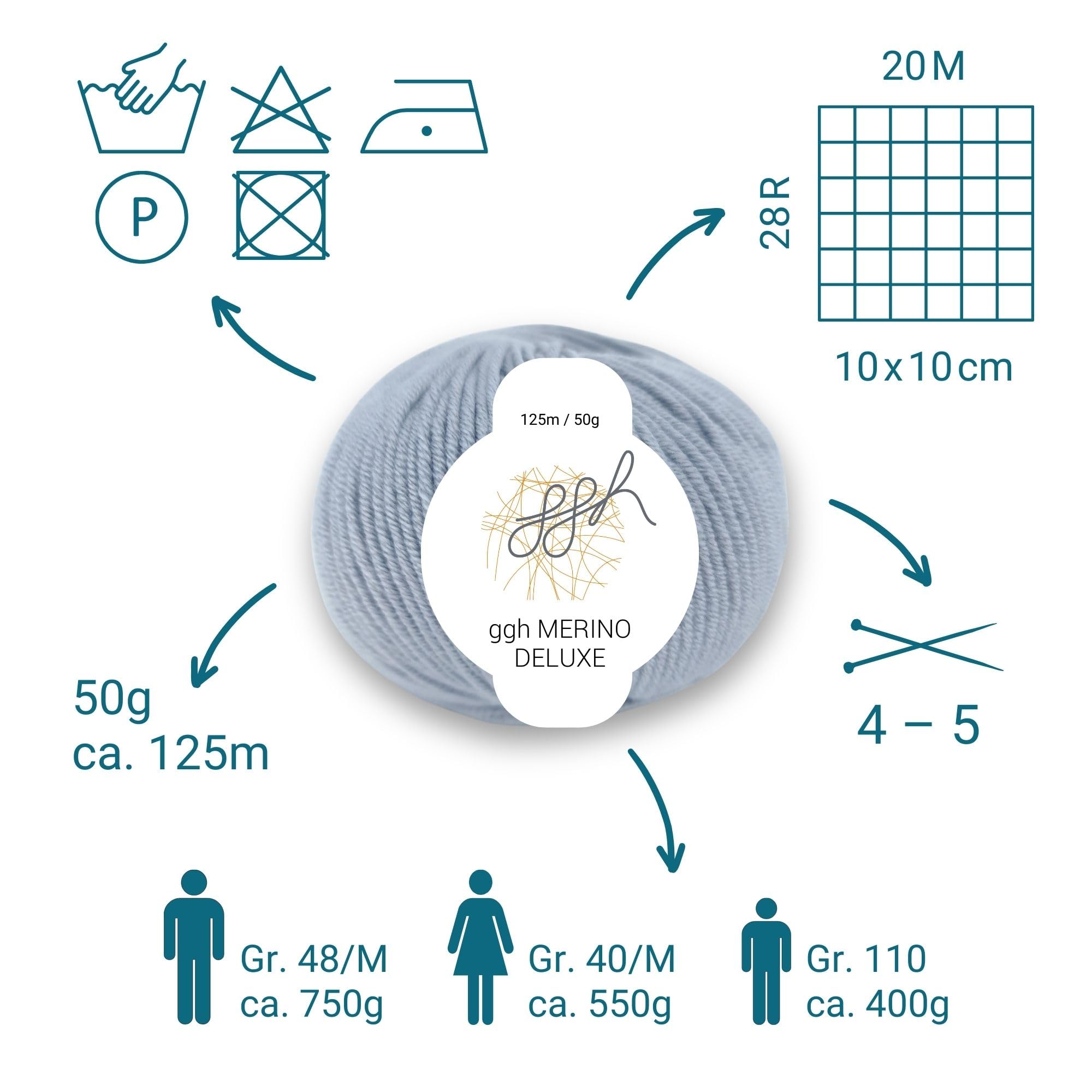 ggh Merino Deluxe zestaw 300 g (6 x 50 g), 100% wełna z merynosów, ekstrafina, do robienia na drutach, w wielu kolorach, kolor 006, jasnoszary