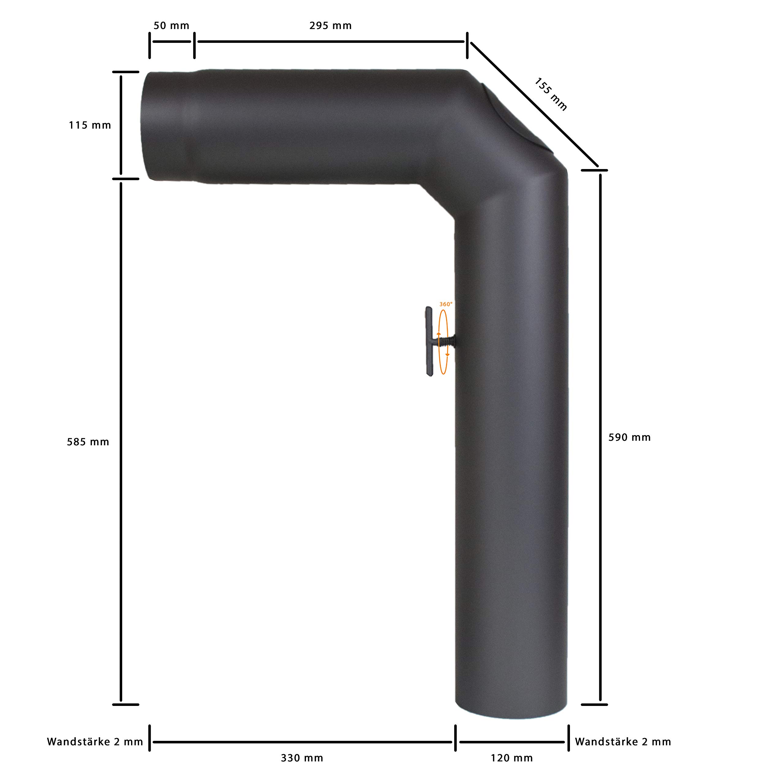 LANZZAS - Set di 3 tubi per canna fumaria con valvola a farfalla, 2 x 45°, in acciaio 2 mm, Senotherm 120 mm, colore: Grigio