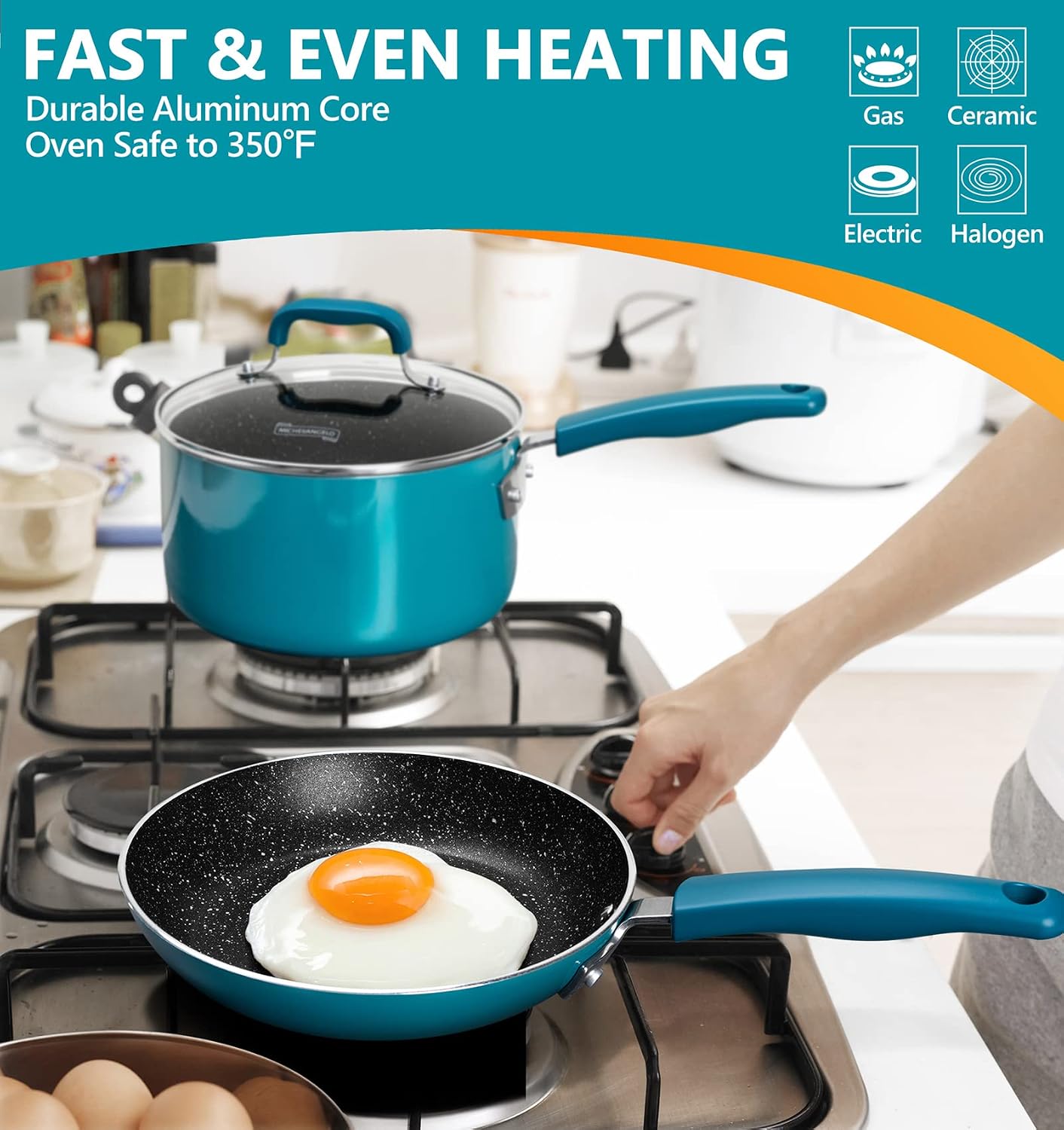 MICHELANGELO Nonstick Pots and Pans Set, Enamel Cookware Set with Stone-derived Coating, Kitchen Cookware Sets with 5 Utensils, Pots and Pans with Silicone Handles, 15 Piece, Cyan-Blue