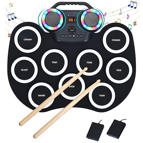 Costzon 9 Pads Electronic Drum Set with LED Light, Portable Roll up MIDI Drum Practice Pad w/Bluetooth, 7 Tones & Rhythms, 10 Demos, Foot Pedals, 2 Built-in Speakers, for Beginners Kids (Black)