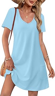 Summer Dresses for Women 2025 Loose V Neck Short Sleeve Casual T Shirt Dress Sundresses Swimsuit Coverup with Pockets