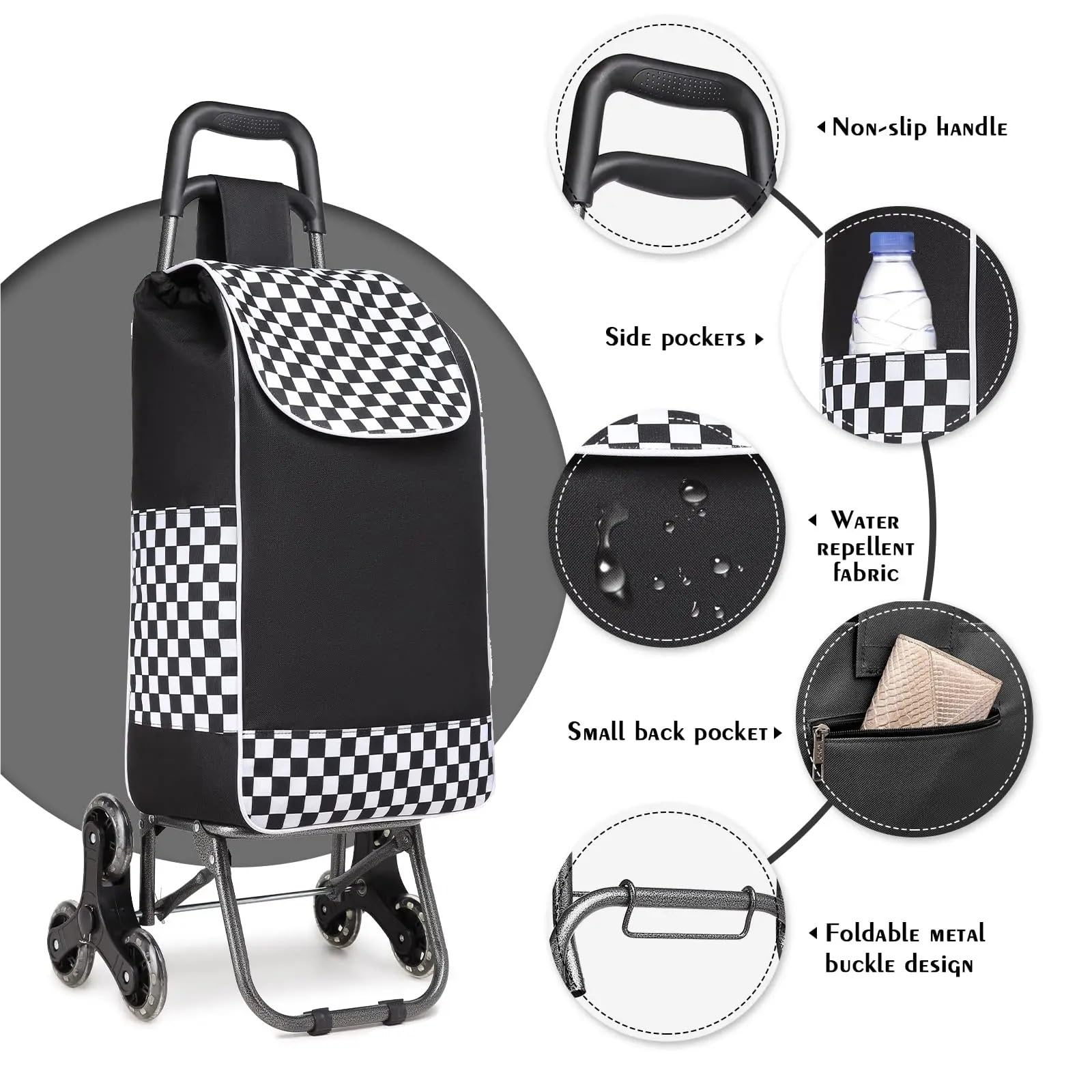2-in-1-Klapp-Einkaufswagen, Leichter, wasserdichter Wagen mit 6 großen, geräuschlosen Rädern und abnehmbarem Treppenaufstieg für Straßen, Supermärkte(Grey)