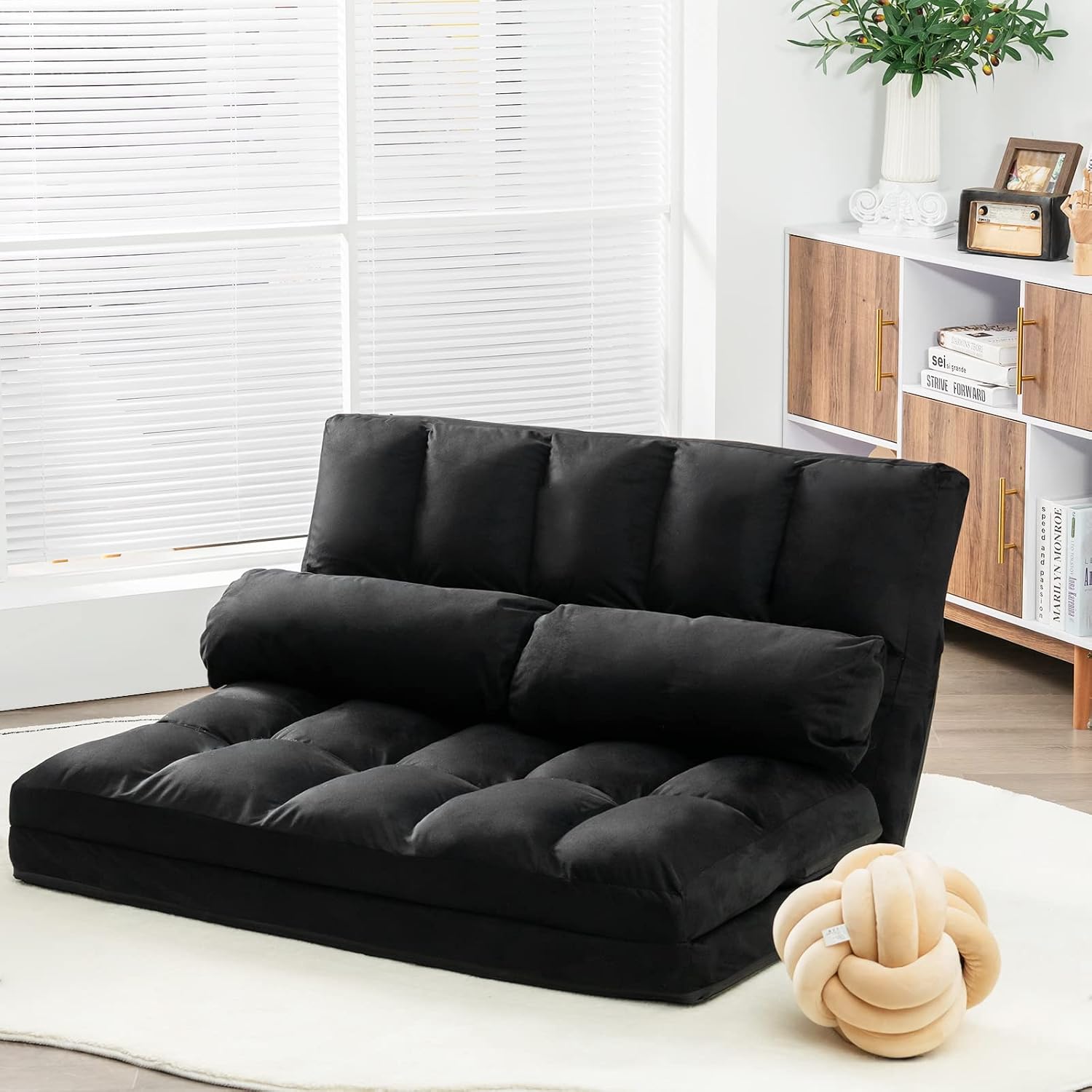 Giantex Adjustable Floor Sofa, 6-Position Foldable Lazy Sofa Bed with Detachable Cloth Cover, Durable & Stable Suede Floor Seating Couch with 2 Pillows (Black)
