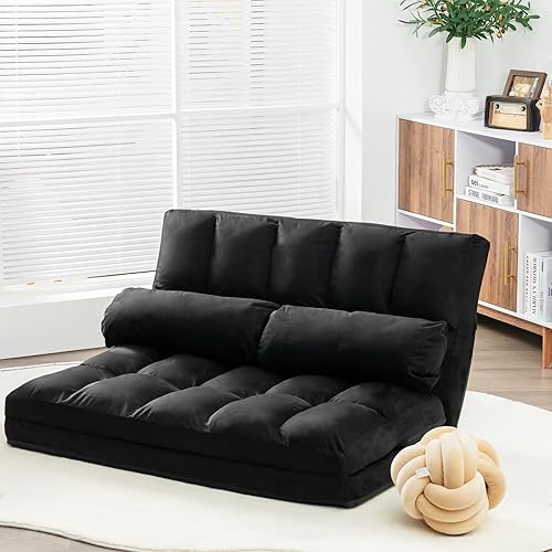 Miniatura 4 de Giantex Sofá de suelo ajustable, sofá cama plegable de 6 posiciones, sofá cama de gamuza duradero y estable con 2 almohadas (negro)