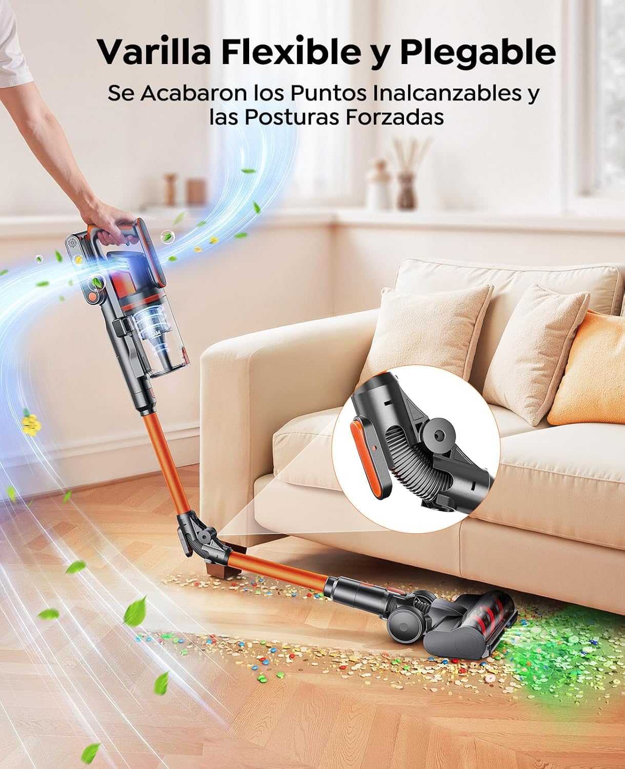 Fieety Aspiradora sin Cable 55KPa/650W/70Min(ECO), Aspiradora Escoba Potente con Brazo Flexible, Manguera 1M, Cepillo Anti-Enredo con Luz, Modo Auto, Aromática, Carga Pared, para Suelos/Alfombras/Pelo