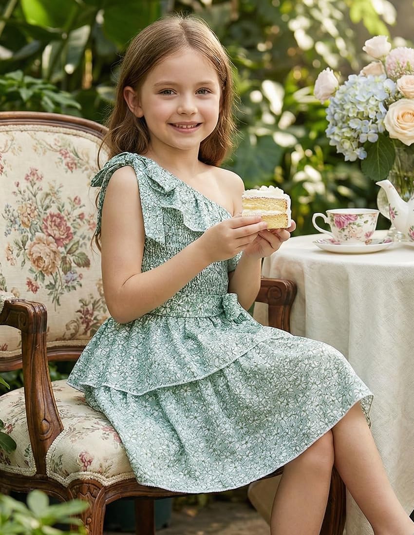 GRACE KARIN Girls Summer Spring Dress Kids One Shoulder Floral Dresses Teen Cute Party Flower 2 Layer Hawaiian Clothes 6-14 - Image 6