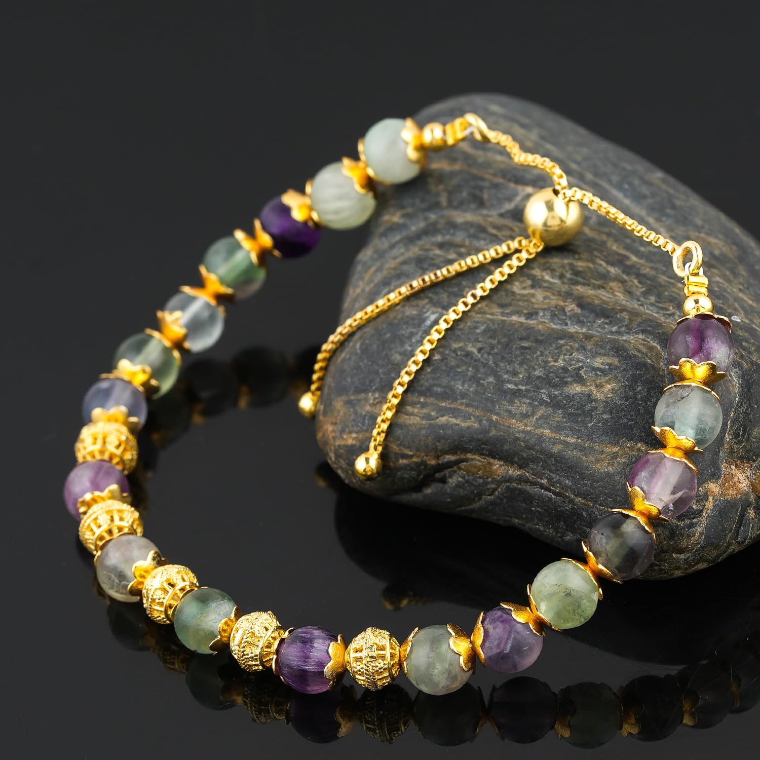 ColouredRocks Ancient Fluorite Beads Bracelet, Beaded Strand, Gemstone Crystals Beads, Trendy Bracelet, Daily Wear Women Jewelry, Gold Plated Slider 10 inch - Image 3