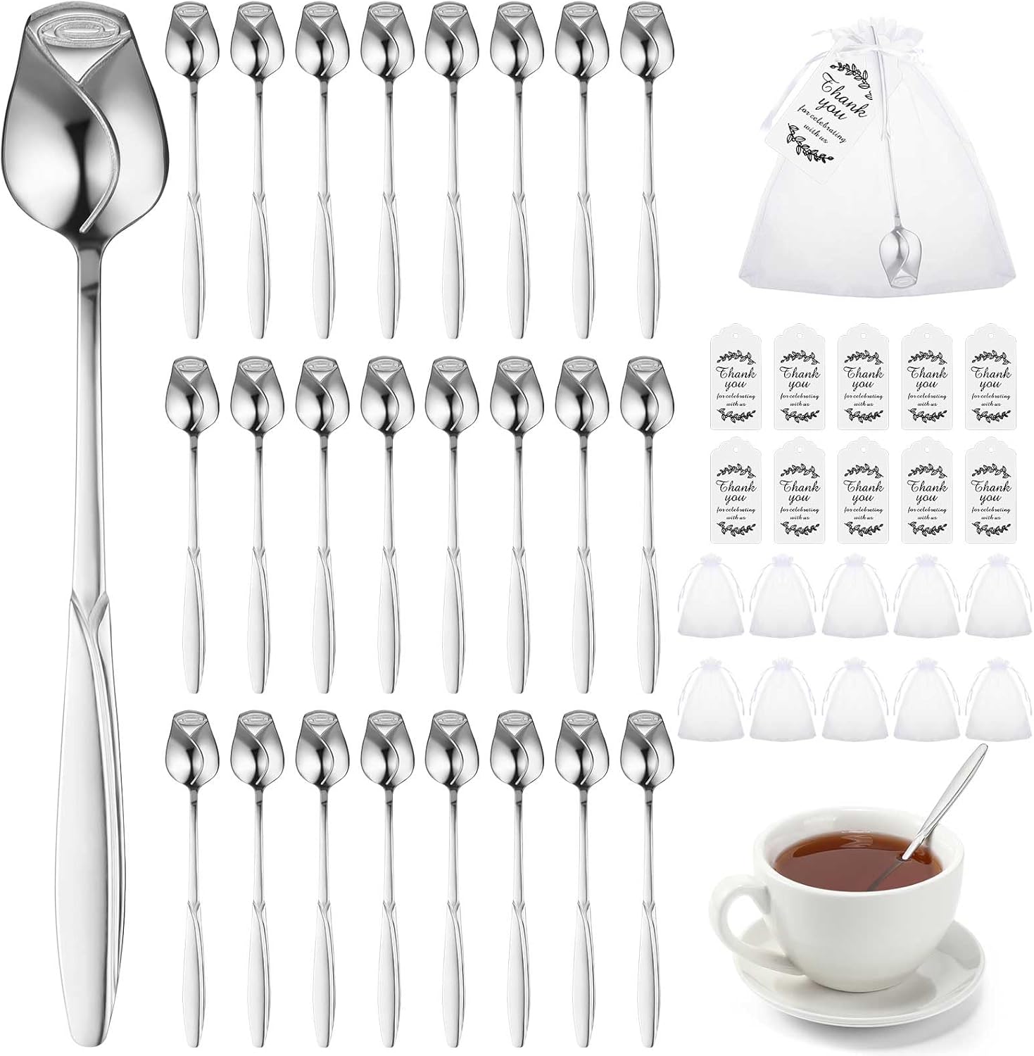 Roshtia 50 Sets Rose Flower Shaped Tea Spoons Wedding Favor for Guests 5.2" Gold Flower Dessert Mini Teaspoon with 50 Gift Tag and 50 Organza Bag for Tea Party Bridal Shower Guest Souvenir