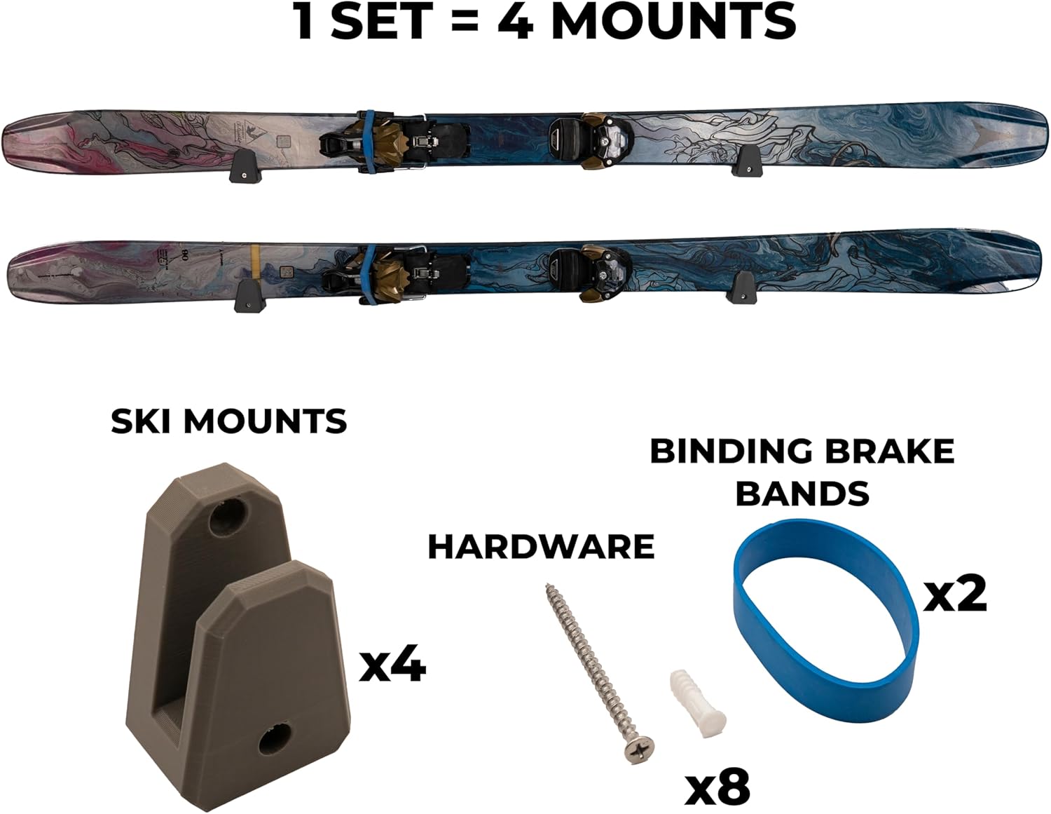 Horizontal Wall Ski Holder – Space-Saving Ski Wall Mount for Garage & Home Storage | Holds 1 Pair of Skis | Mountain, Snowflake & No Design Styles (White, Mountain | With Gear Hook)