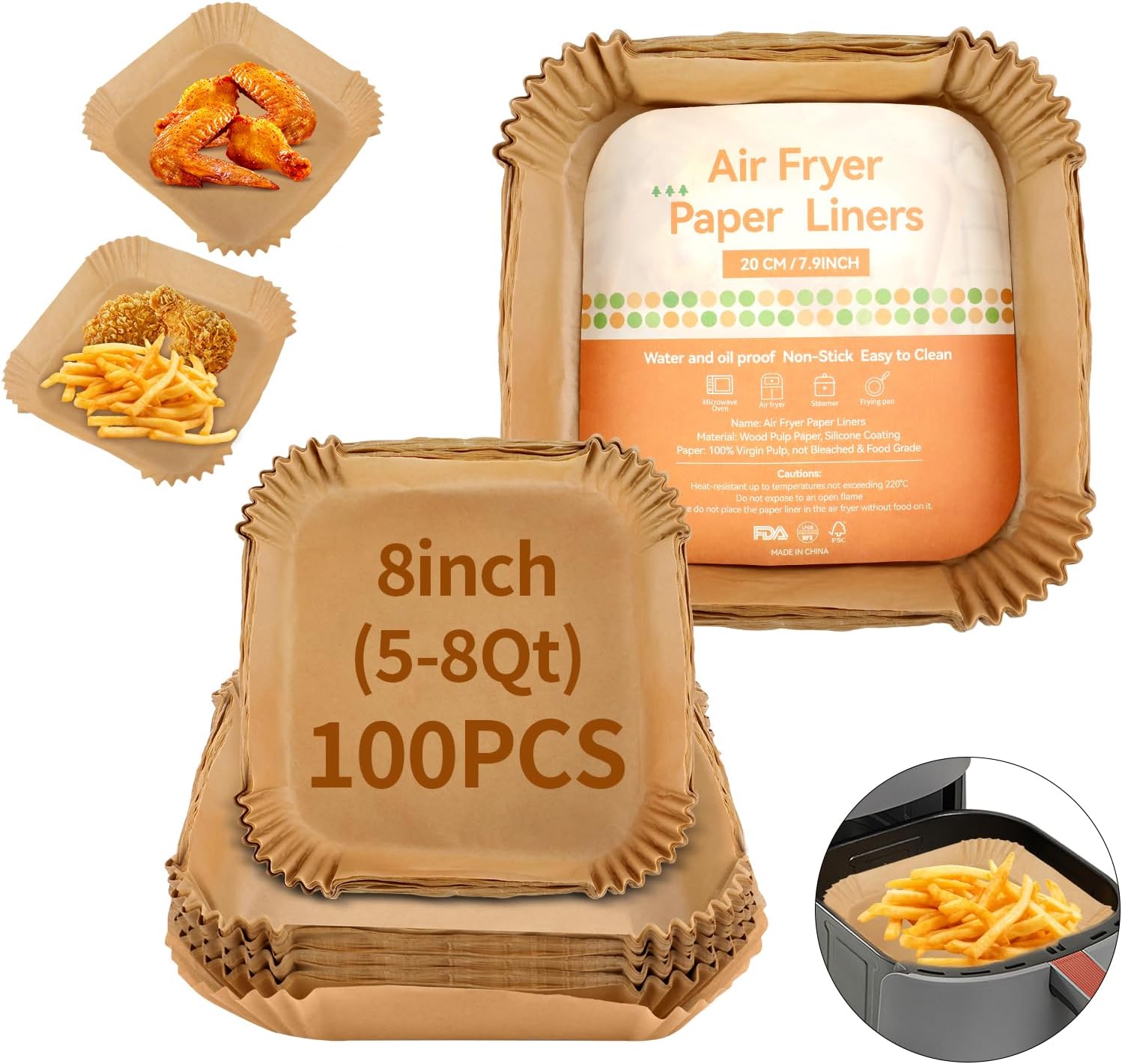 100 PCS 8 Inch Air Fryer Liners Disposable Paper, Non-Stick & Oil-Proof Disposable Liners for Easy Clean up, Fits 5-8 QT Air Fryer Roasting Microwave, Waterproof, Food Grade Baking Paper (100) Thumbnail