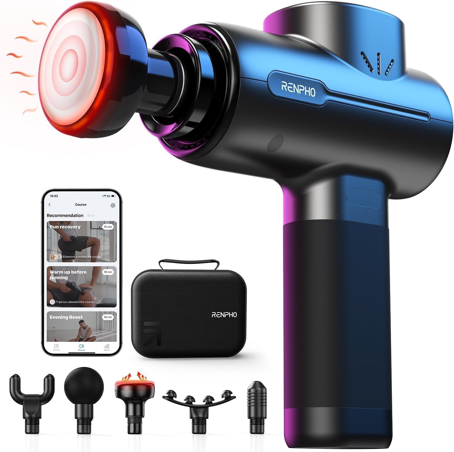 Heated Massage Gun, RENPHO Massage Gun with Heat Massage Head, Up to 1800-2800r/min Massage Gun for Muscle Massage with Type-C Charging, Muscle Relaxation, Black