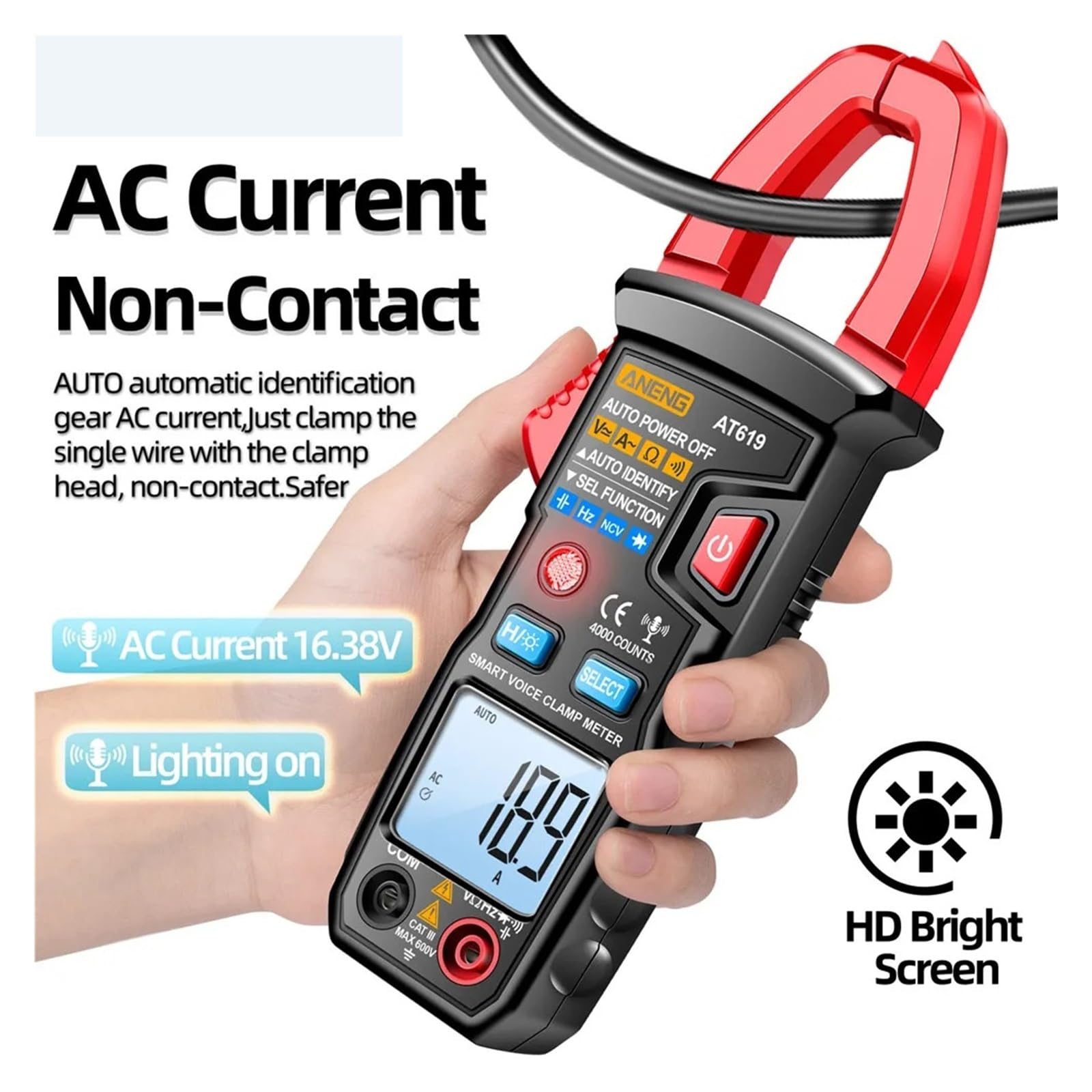 AT619 Pinza amperometrica digitale True RMS AC DC rilevamento NCV | Misura corrente AC DC e valori elettrici senza scollegare i circuiti per manutenzione e diagnosi(Red(no battery))