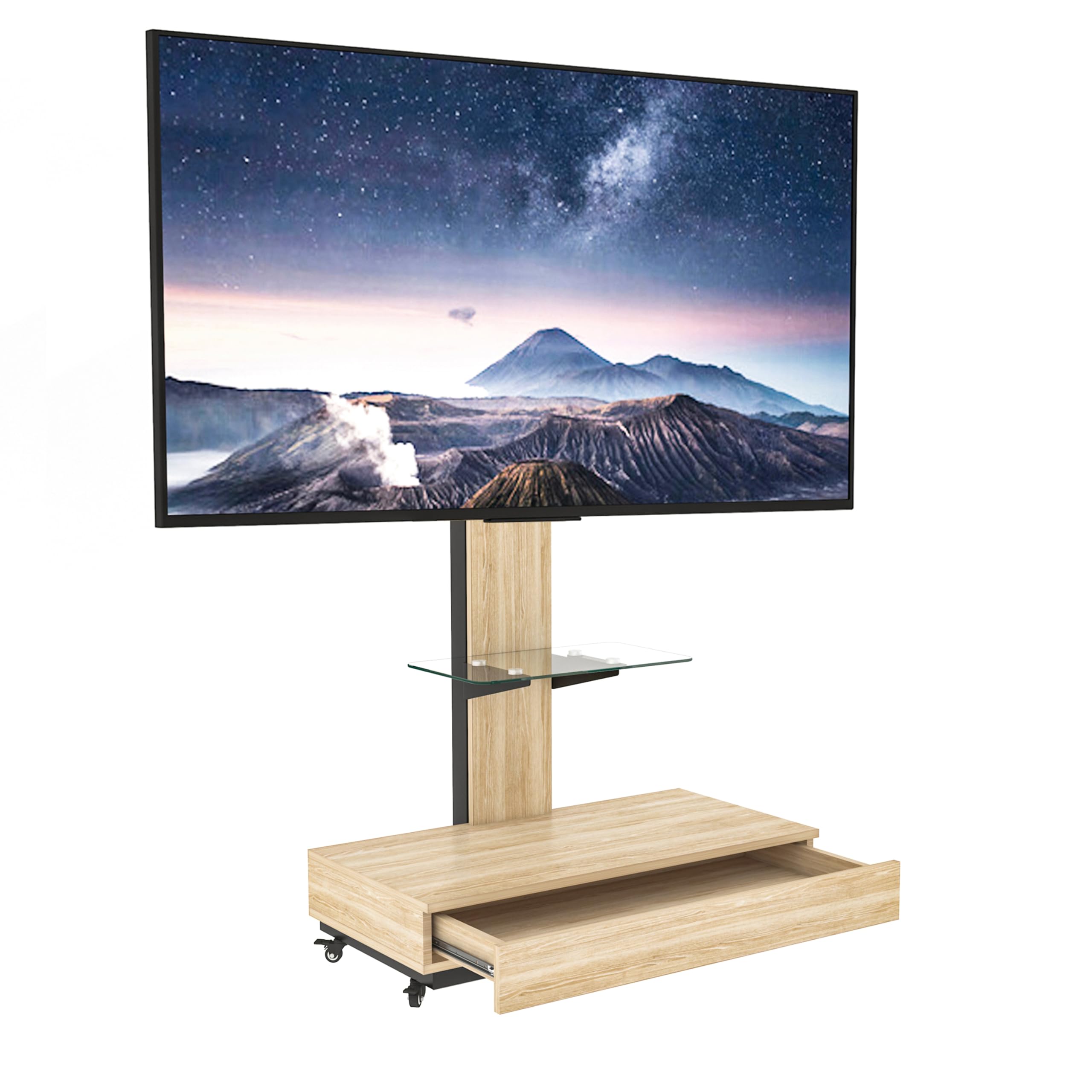 Verstellbarer TV-Ständer mit Rollen, Schiebeschublade und Schwenkhalterung für 32-75 Zoll Fernseher – Höhenverstellbar, Lenkrollen mit Feststellfunktion Holzfarbe/Schubladen