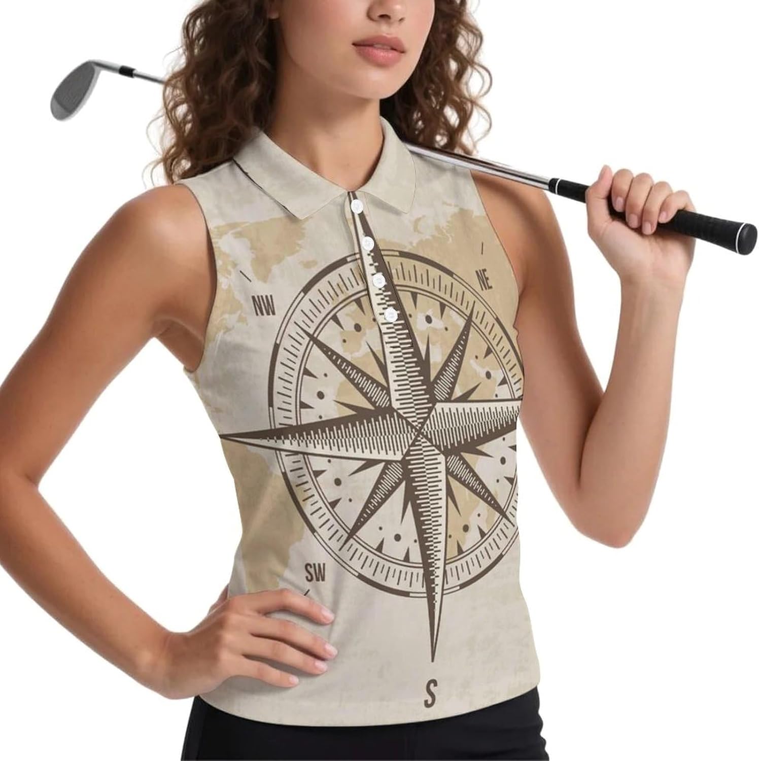 Vintage Nautical Compass Old World Map Women's Golf Shirt Sleeveless Polo Shirts Tank Tops Blouses Tennis T-Shirts Casual